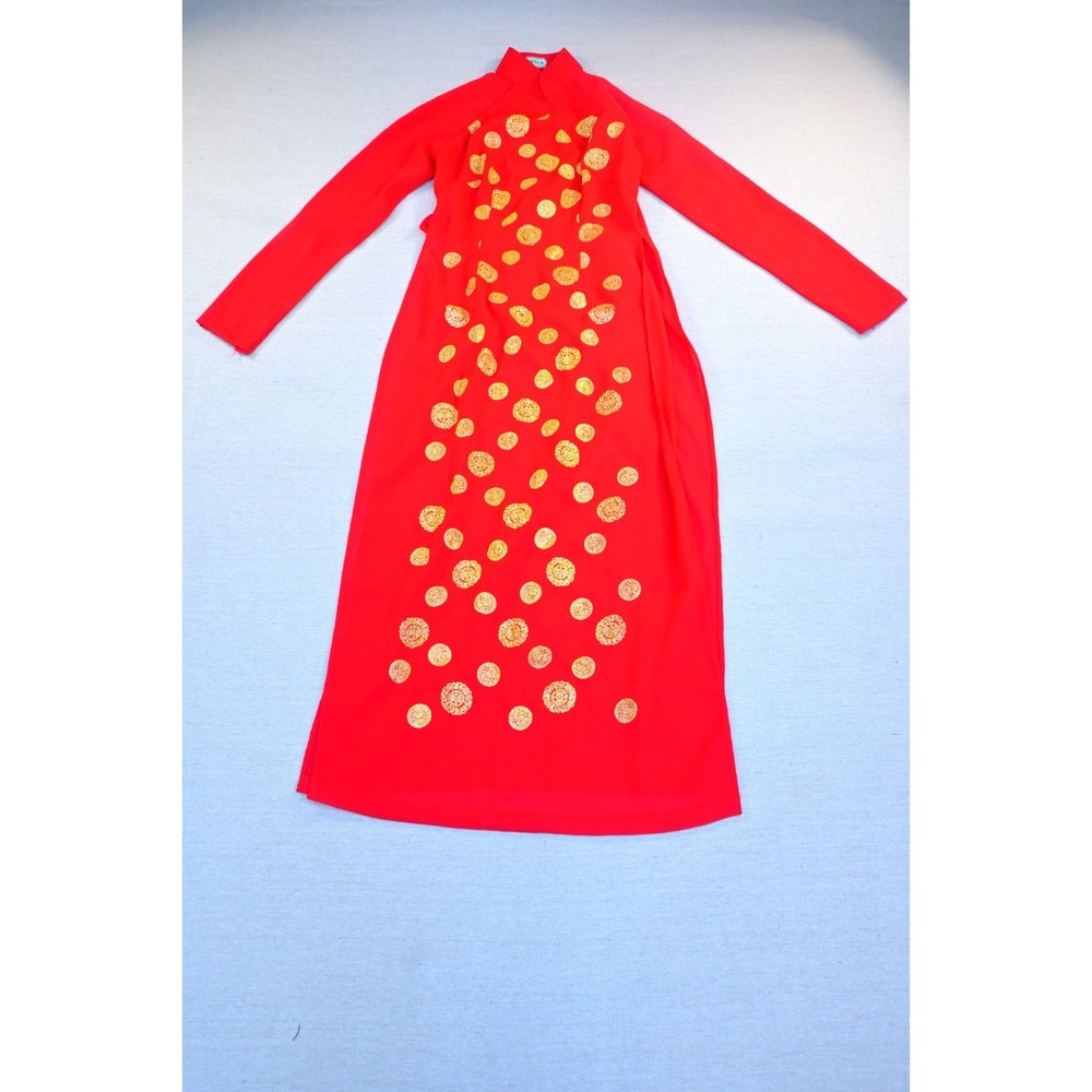 Vintage Ao Dai Vietnamese Womens Traditional Dress Costume Red Gold Long Elegant
